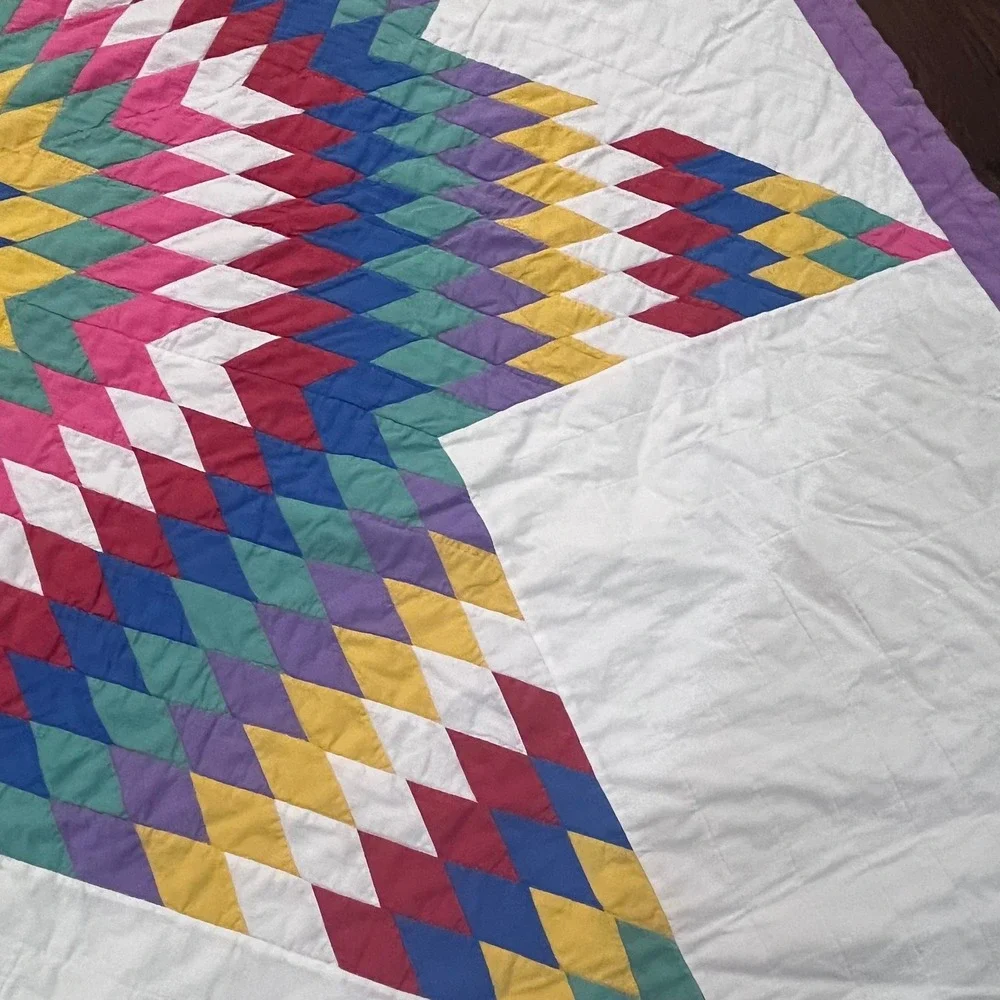 Vtg Lone Star Quilt Hand Stitched Patchwork Multi Color White Purple 80x82
